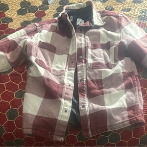 H&M women’s Plaid Jean Jacket - Burgundy and Cream